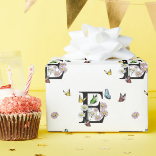 Papier Cadeau Lettre E Floral Aquarelle Papillon Monogramme