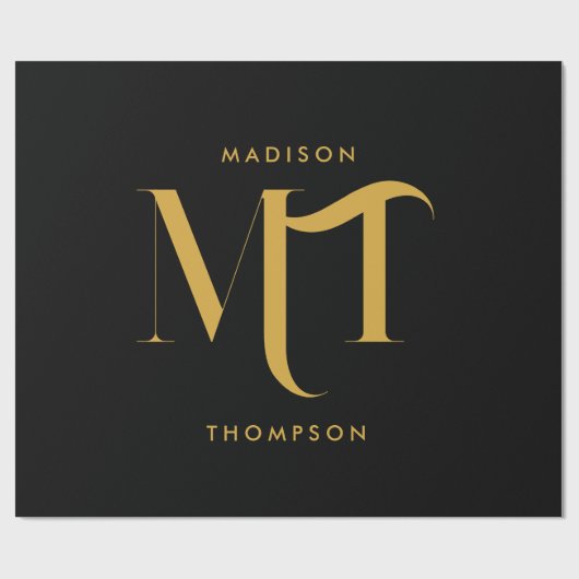 Papier Cadeau Lettres d'initiales de monogramme noir et or éléga (Plat)