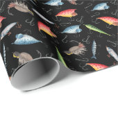 Papier Cadeau leurres de pêche en noir (Coin rond)