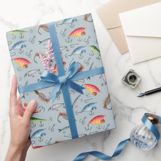 Papier Cadeau leurres de pêche sur le gris bleu clair (Cadeaux)