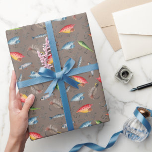 Papier Cadeau leurres de pêche sur le gris Brown