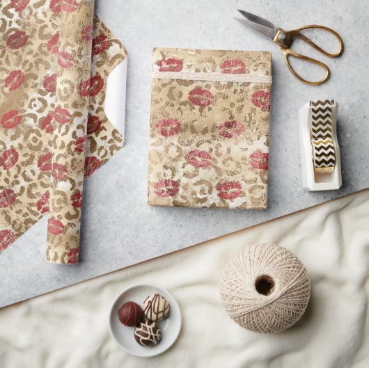 Papier Cadeau Lèvres rouges léopards à la crème dorée (Artisanat)