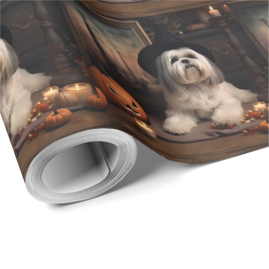 Papier Cadeau Lhasa Apso Citrouille Halloween effrayant (Coin rond)