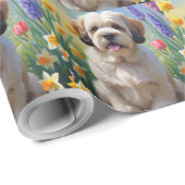 Papier Cadeau Lhassa Apso Dog Fleurs de printemps Peinture (Coin rond)