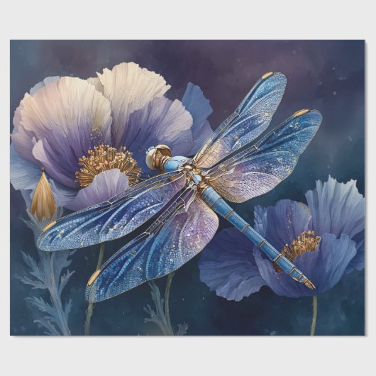 Papier Cadeau Libellule bleue avec découpage à ailes dorées (Plat)