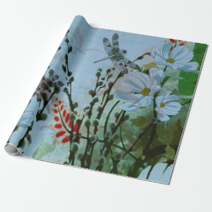 Papier Cadeau Libellules d'Argent-aile/floral contemporains