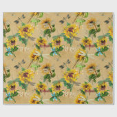 Papier Cadeau Libellules et Tournesols Jaune Vert Beige (Plat)