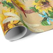 Papier Cadeau Libellules et Tournesols Jaune Vert Beige (Coin rond)