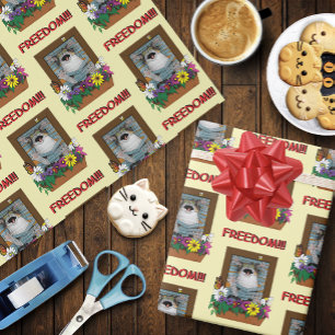Papier Cadeau Liberté Évasion Drôle Chat Floral Jaune Fenêtre