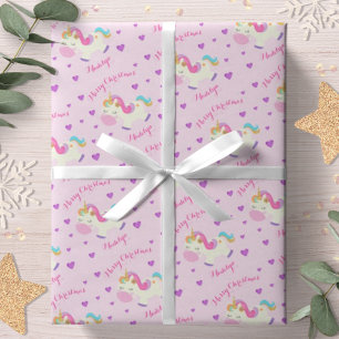 Papier Cadeau Licorne Arc-en-Ciel Noël Paillettes Rose