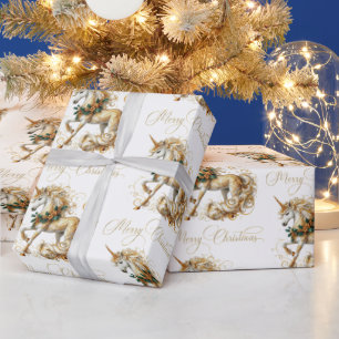 Papier Cadeau Licorne de Noël Élégante Blanche et Or