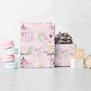 Papier Cadeau Licorne Fille Rose Floral Paillettes Dorées Nom Âg