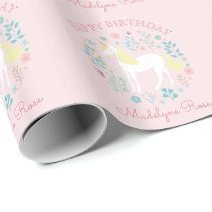 Papier Cadeau Licorne Floral Blush Rose Anniversaire Personnalis