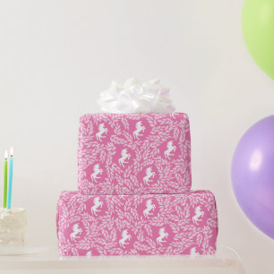 Papier Cadeau Licorne rose et blanche à motif floral de feuille