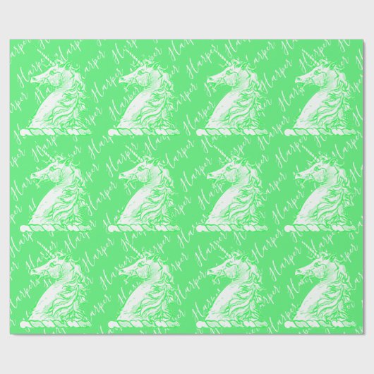 Papier Cadeau Licorne Verte Magique Motif Nom Personnalisé Harpe (Plat)