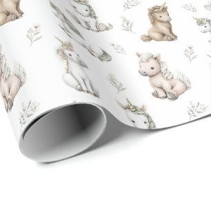 Papier Cadeau Licornes et fleurs à l'aquarelle douce motif