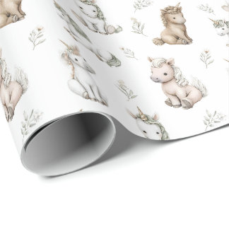 Papier Cadeau Licornes et fleurs à l'aquarelle douce motif