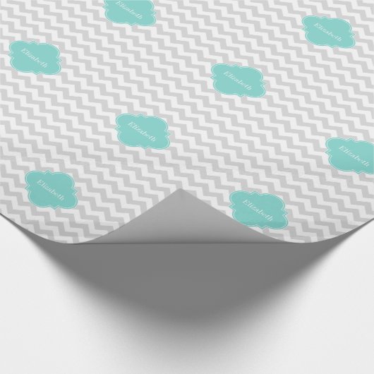 Papier Cadeau Light Gray White Chevron Aqua Quatrefoil monogram (Coin)
