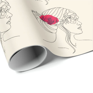 Papier Cadeau Ligne continue femme avec Rose rouge sur les cheve