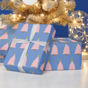 Papier Cadeau Ligne d'arbre de Noël rose et étoile d'or sur bleu
