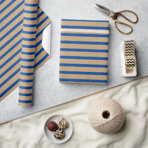 Papier Cadeau Lignes bleues marines nautiques marron kraft rusti