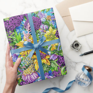 Papier Cadeau Lilac Jaune Bleu Vert Jardin Fleurs Motif