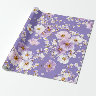 Papier Cadeau Lilas Blanc Fleur Ditsy Pastel Boho 70s Vintage