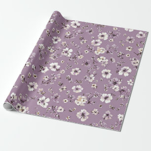 Papier Cadeau Lilas Blanc Fleur Ditsy Pastel Boho 70s Vintage