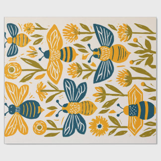 Papier Cadeau Linogravure vintage abeille à miel - Moutarde et m