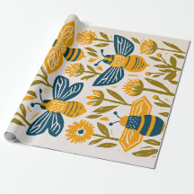 Linogravure vintage abeille à miel - Moutarde et m