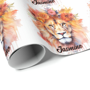 Papier Cadeau Lion Pastel Fleurs Safari Aquarelle Savannah Chat