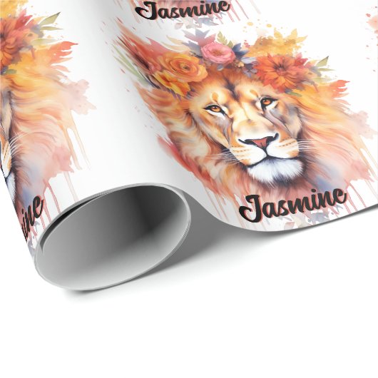 Papier Cadeau Lion Pastel Fleurs Safari Aquarelle Savannah Chat (Coin rond)