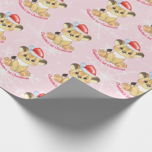 Papier Cadeau Lion personnalisé 1er Noël bébé fille rose (Coin)