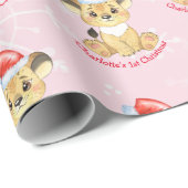 Papier Cadeau Lion personnalisé 1er Noël bébé fille rose (Coin rond)