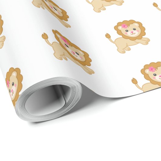 Papier Cadeau Lion saut mignon avec arc rose (Coin rond)