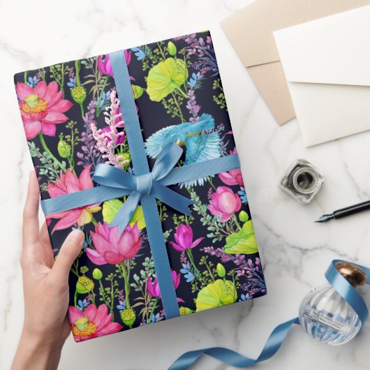 Papier Cadeau Lis roses et oiseaux bleus (Cadeaux)