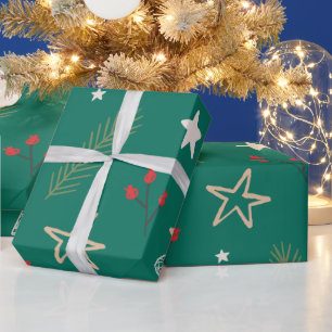 Papier Cadeau Livre vert de Noël avec étoiles et baies