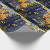 Papier Cadeau Livres Bleus Anciens & Fleurs Jaunes (Coin)