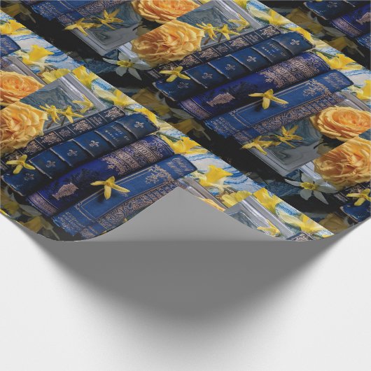 Papier Cadeau Livres Bleus Anciens & Fleurs Jaunes (Coin)