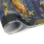 Papier Cadeau Livres Bleus Anciens & Fleurs Jaunes (Coin rond)
