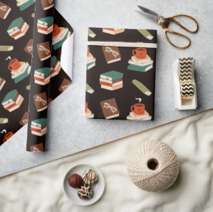 Papier Cadeau Livres Confortables et Lecture de Café