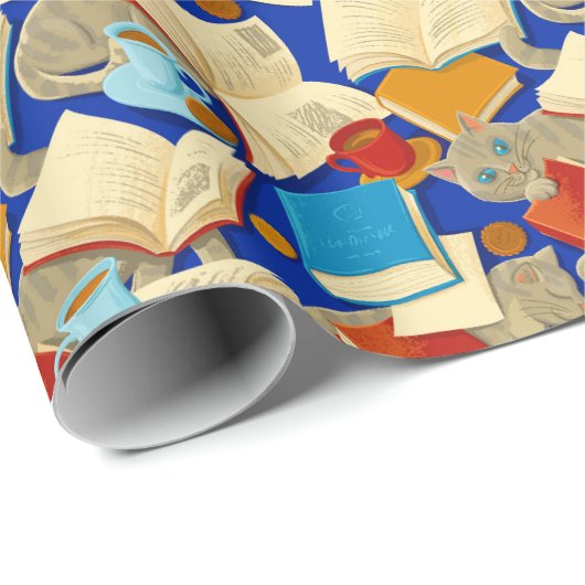 Papier Cadeau Livres et chats en bleu (Coin rond)