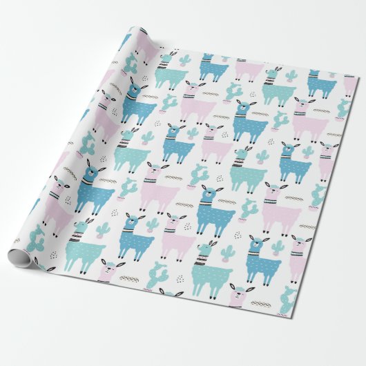 Papier Cadeau Llama Alapaca Baby shower bleu rose (Déroulé)