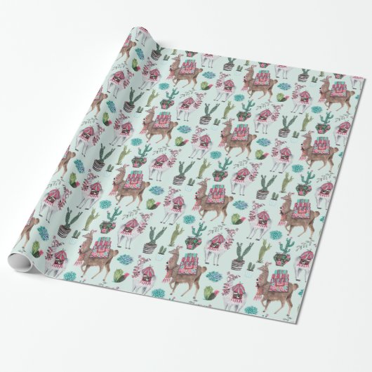 Papier Cadeau Llama | bleu | Papier d'enrobage (Déroulé)