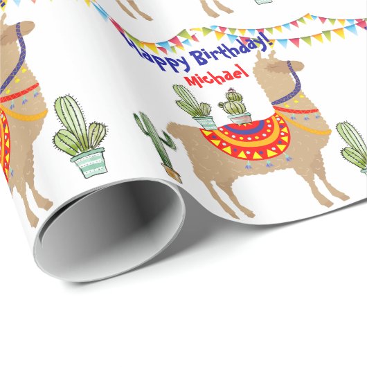 Papier Cadeau llama Cactus joyeux emballage d'anniversaire papie (Coin rond)