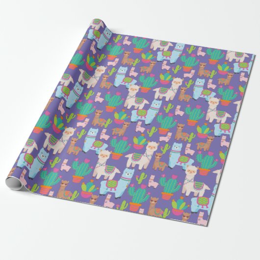 Papier Cadeau Llama colorée et Motif Cactus (Déroulé)