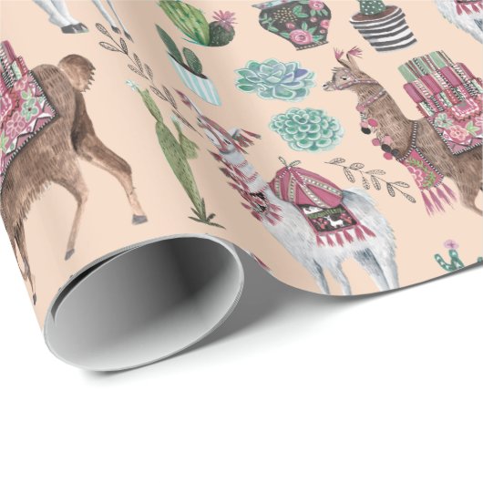 Papier Cadeau Llama | pêche | Papier d'enrobage (Coin rond)
