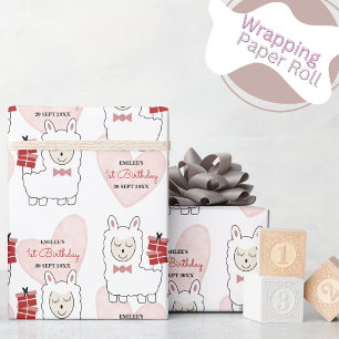Papier Cadeau Llamas et Coeurs roses pour filles