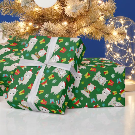 Papier Cadeau Llamas Festive de Noël sur vert (Vacances)