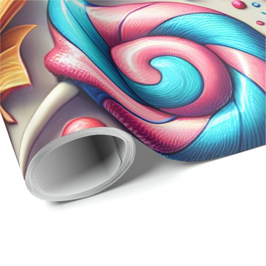 Papier Cadeau Lollipopes arc-en-ciel et bonbons enveloppés dans (Coin rond)